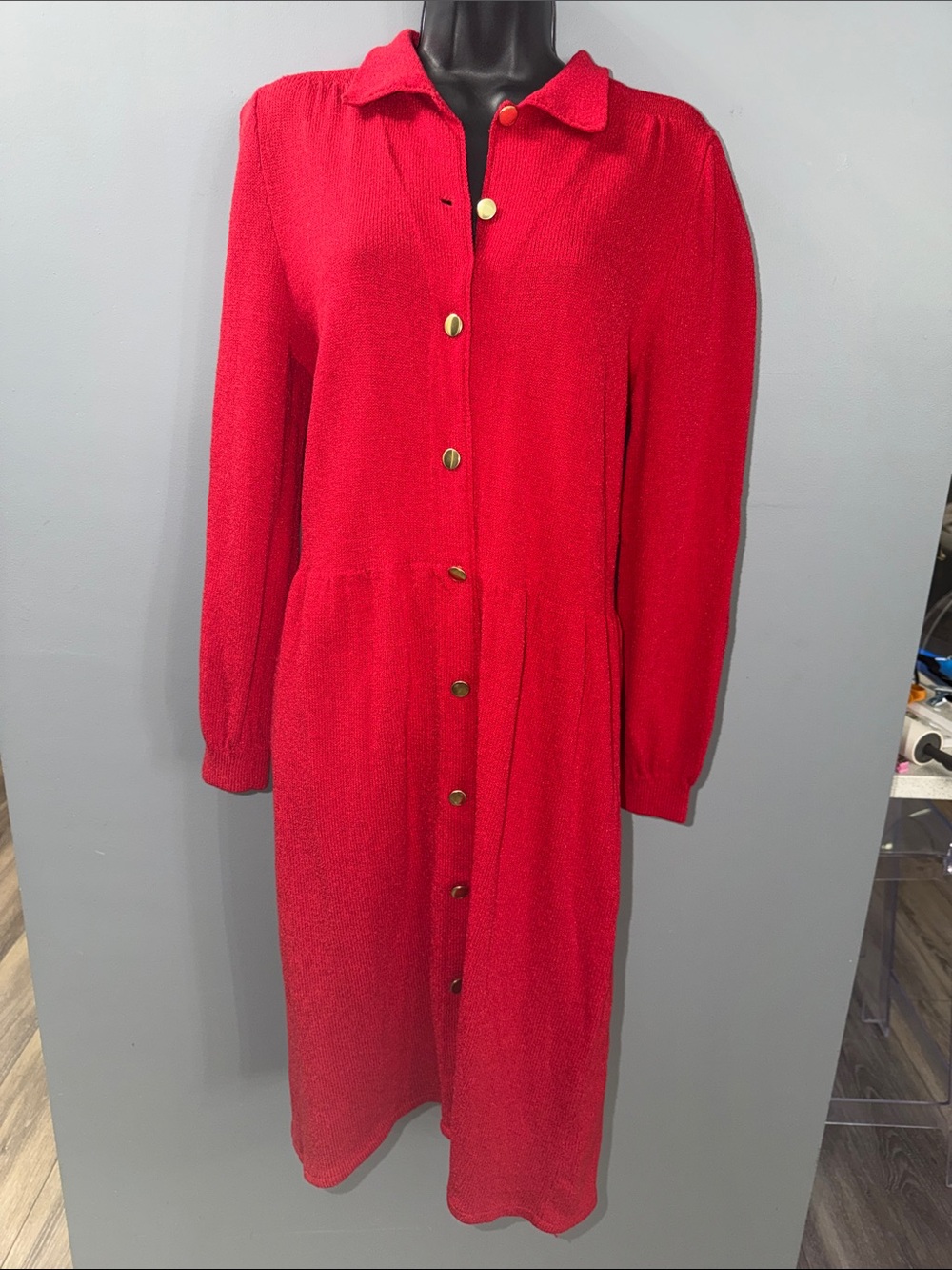 Vintage 1980s Red Button Down knit long sleeved Dress